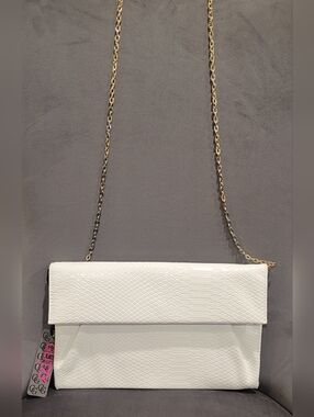 Leather clutch bag with chain strap and 'GLITZY' tag, white